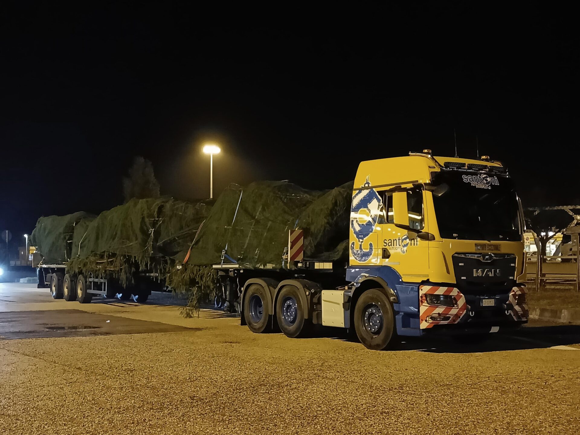 På grund av transportens storlek skedde resan från ursprunget till det 29 meter höga trädet i Trentino till Rom, 650 kilometer bort, huvudsakligen på natten. Foto: MAN.